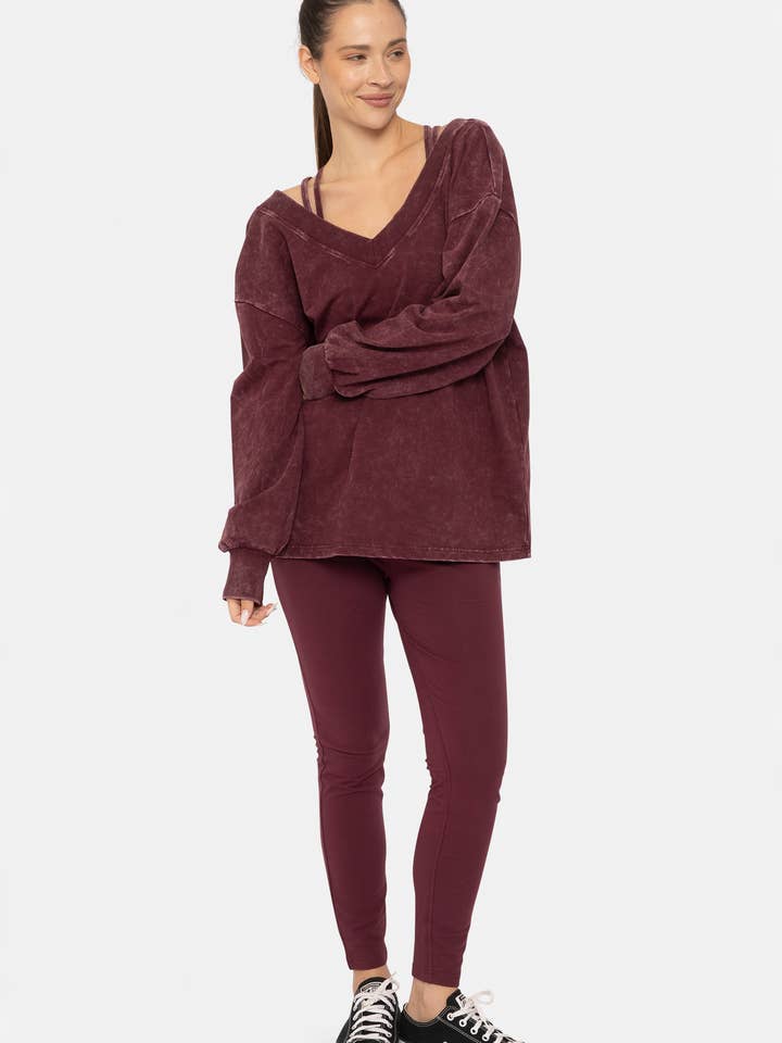 Mono B - Wholesale Shirt - Women's - Mineral Wash Cotton Blend Deep V-Neck Long Sleeve