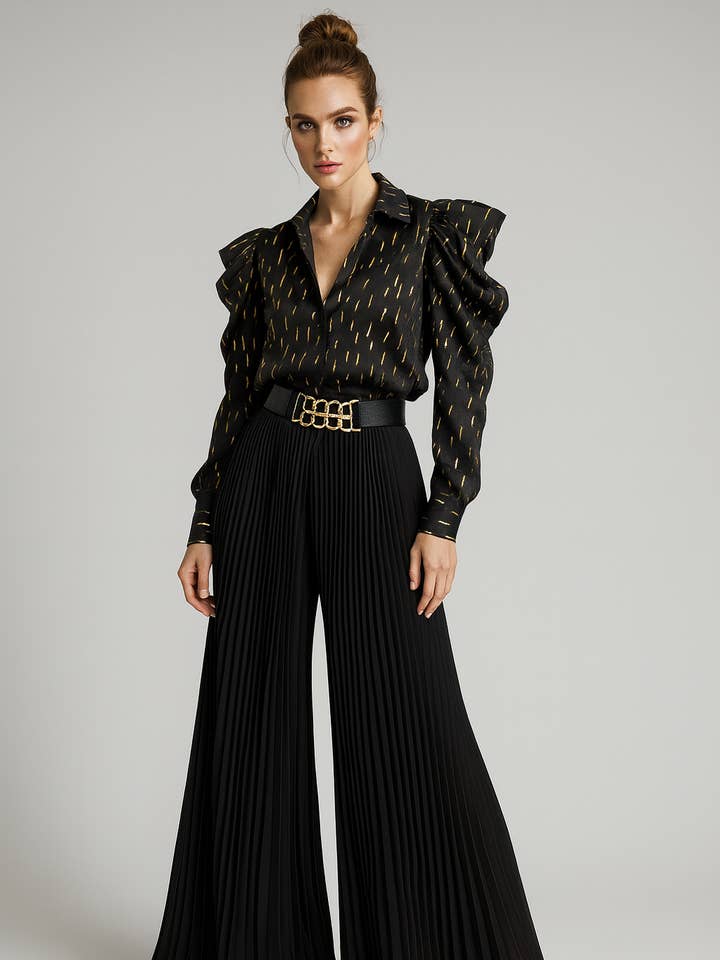 NY0031 PALAZZO PLEATED PANTS (BLK, TAN) for wholesale by N by Nancy