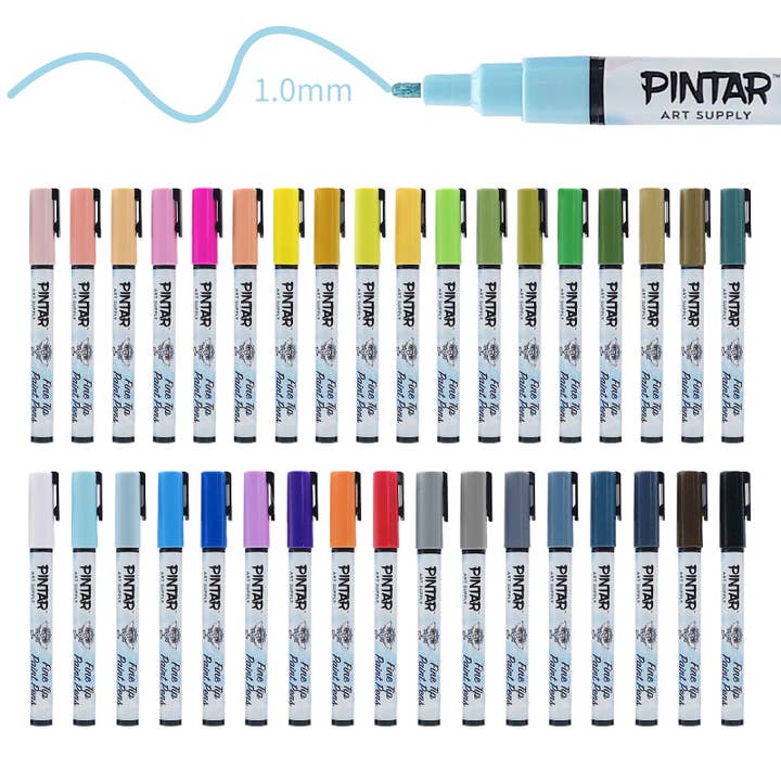 Pintar Art Supply - Wholesale Marker - PINTAR Premium Acrylic Paint Pens - 1mm Fine Tip Pens For Rock Painting, Ceramic Glass, Wood, Paper, Fabric & Porcelain, Water Resistant Paint Set, Surface Pen, Craft Supplies, DIY Project (35 colours)