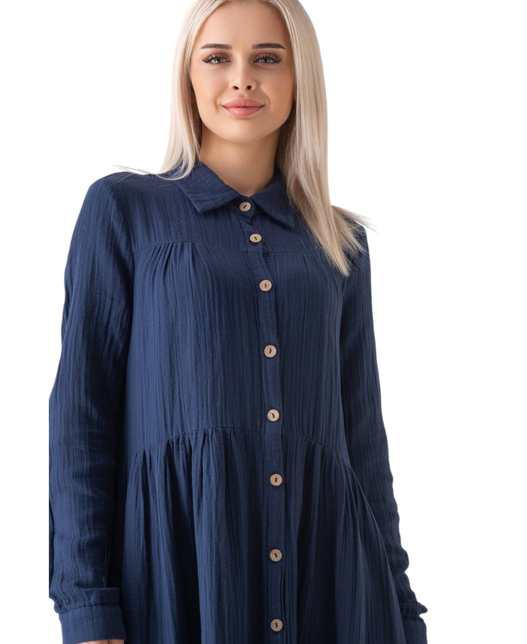 WENOR - Vente Robe – femme - Robe d'été longue en mousseline 100 % coton avec patte de boutonnage, 145 cm22