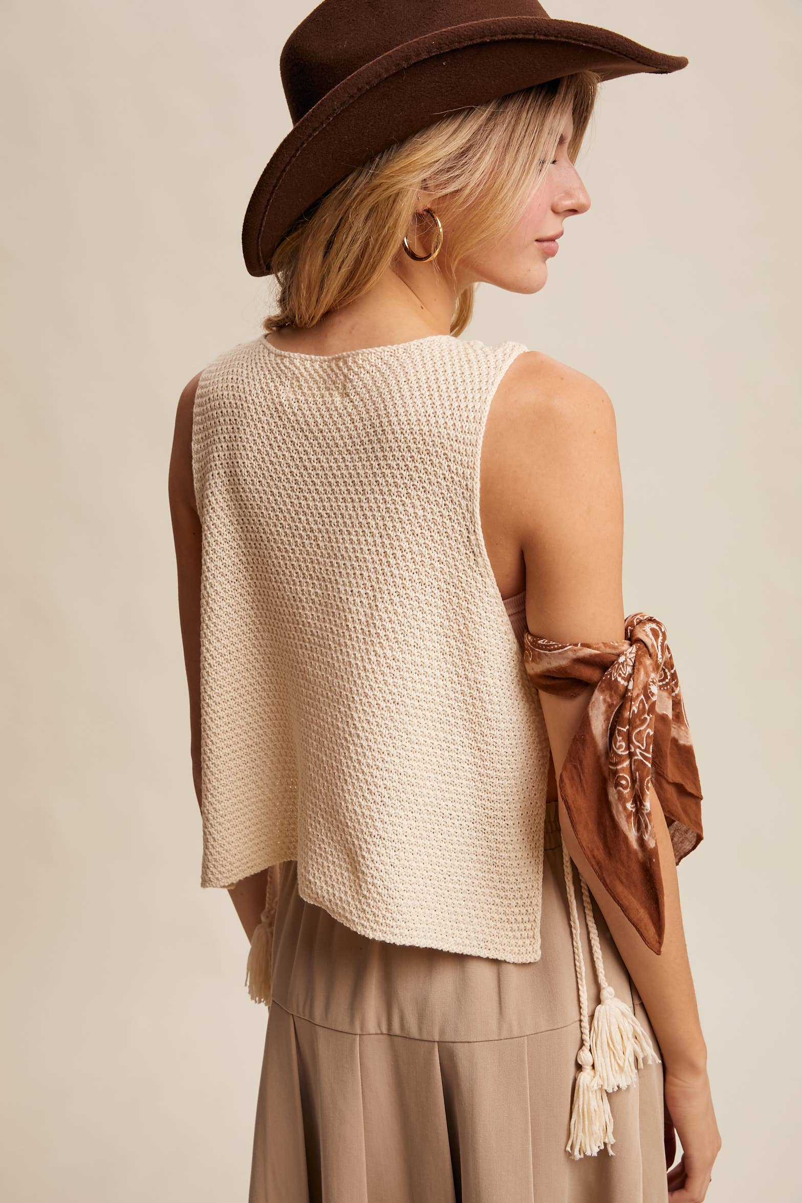 Listicle - Wholesale Sweater Vest - Women's - Crochet Granny Square Tassel Tie Vest LSW100618