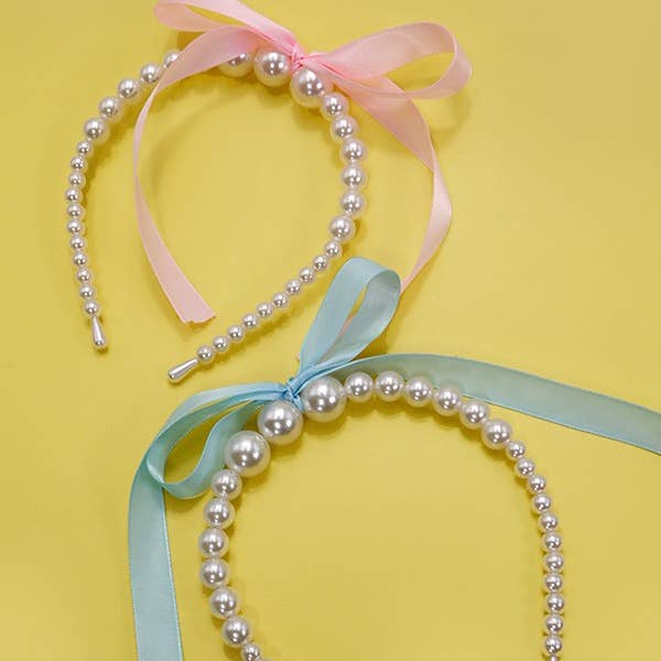 JOSSLYN by wall to wall - Wholesale Fashion Headband - Women's - CHIC PEARL RIBBON BOW HAIR BAND | 40HB1503