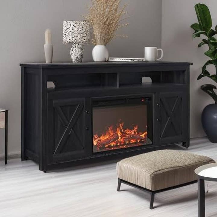 58 Inch Farmhouse TV Stand With Electric Fireplace Grey for wholesale on Faire4
