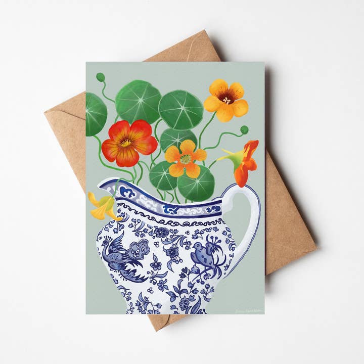 Nasturtiums in Bird Jug Cards for wholesale by Susie Hamilton Art