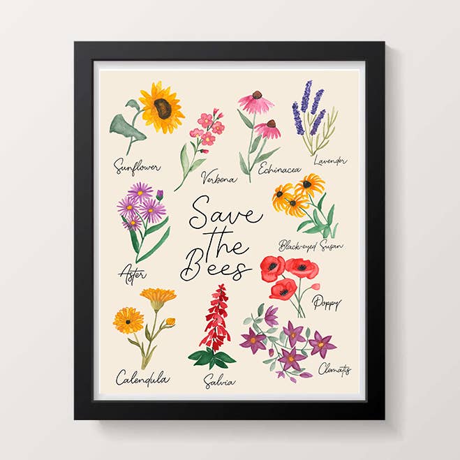 Save The Bees, Floral Art Print for wholesale by Wild Juniper Art Studio