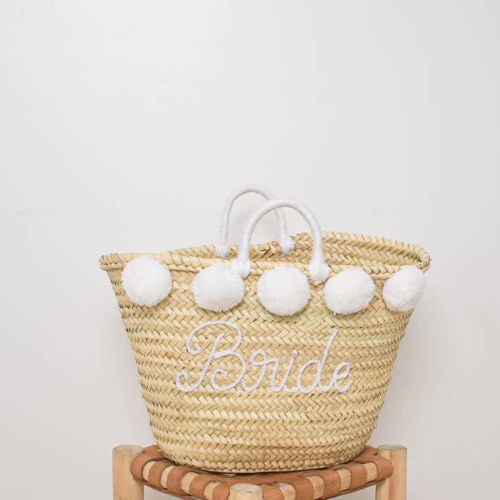Bolso de paja personalizado con pompones para bodas para venta al por mayor de King Of Handmade