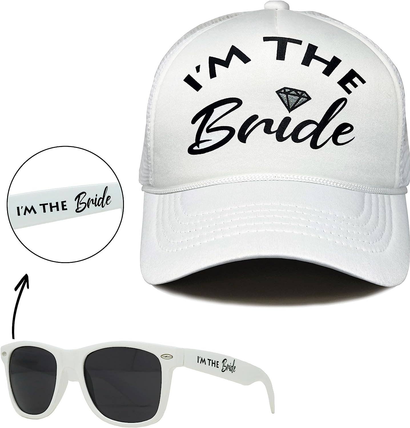 Funky Junque - Venta al por mayor Gorra trucker - Mujer - Paquete de gorro de camionero de espuma y gafas de sol, I'm the Bride (blanco)2