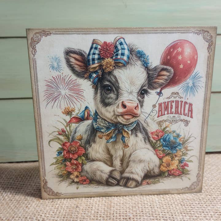 Highland Cow America Wood Block Sign - B for wholesale by Bluegrass Burlap Co