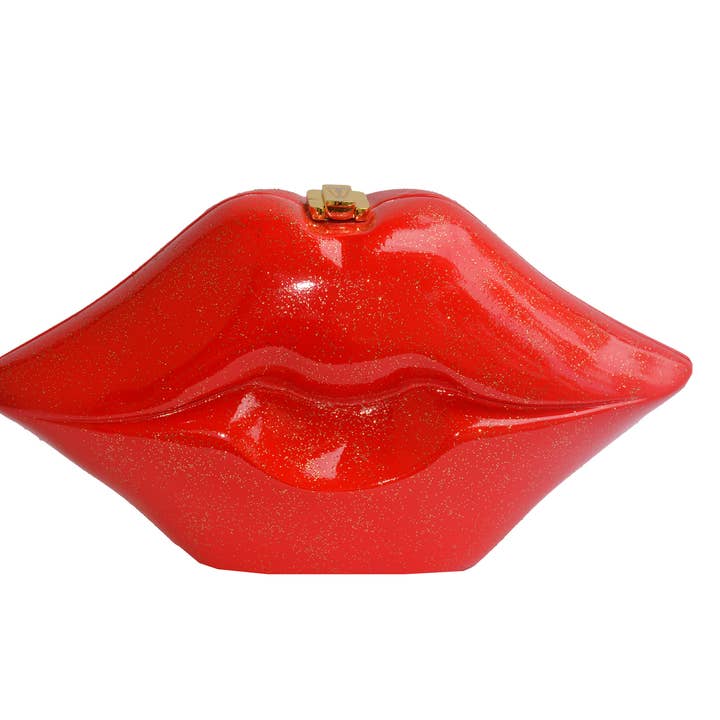 Red Lips Glitter Handcrafted Acacia Wood Handbag for wholesale by Timmy Woods Beverly Hills