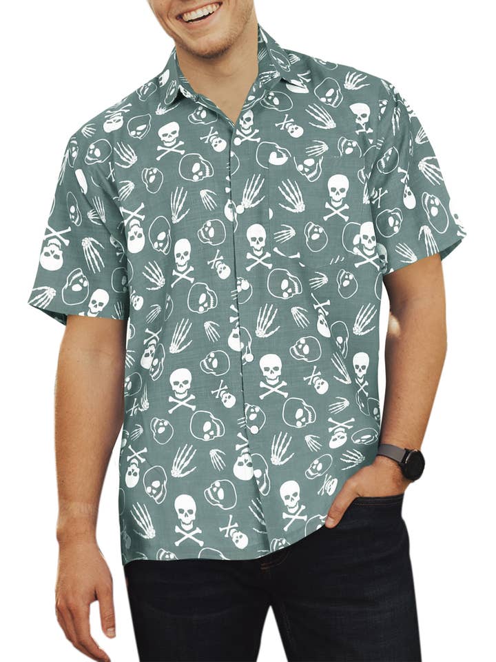 La Leela Men's Pirate Skull Printed Shirt Gray for wholesale by LA LEELA \ HAPPY BAY