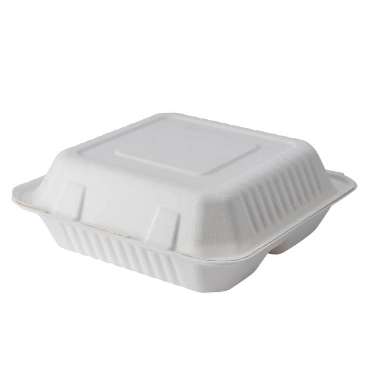CaliWare 9''x9''x3'' 3C No PFAS Bagasse Hinged Box 200pcs/ct for wholesale by CaliWare