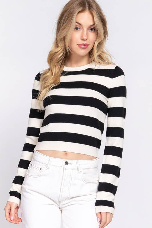 Active Basic | Active USA - Wholesale Knit Sweater - Women's - Long Sleevv Crew Neck Stripe Fitted Sweater10