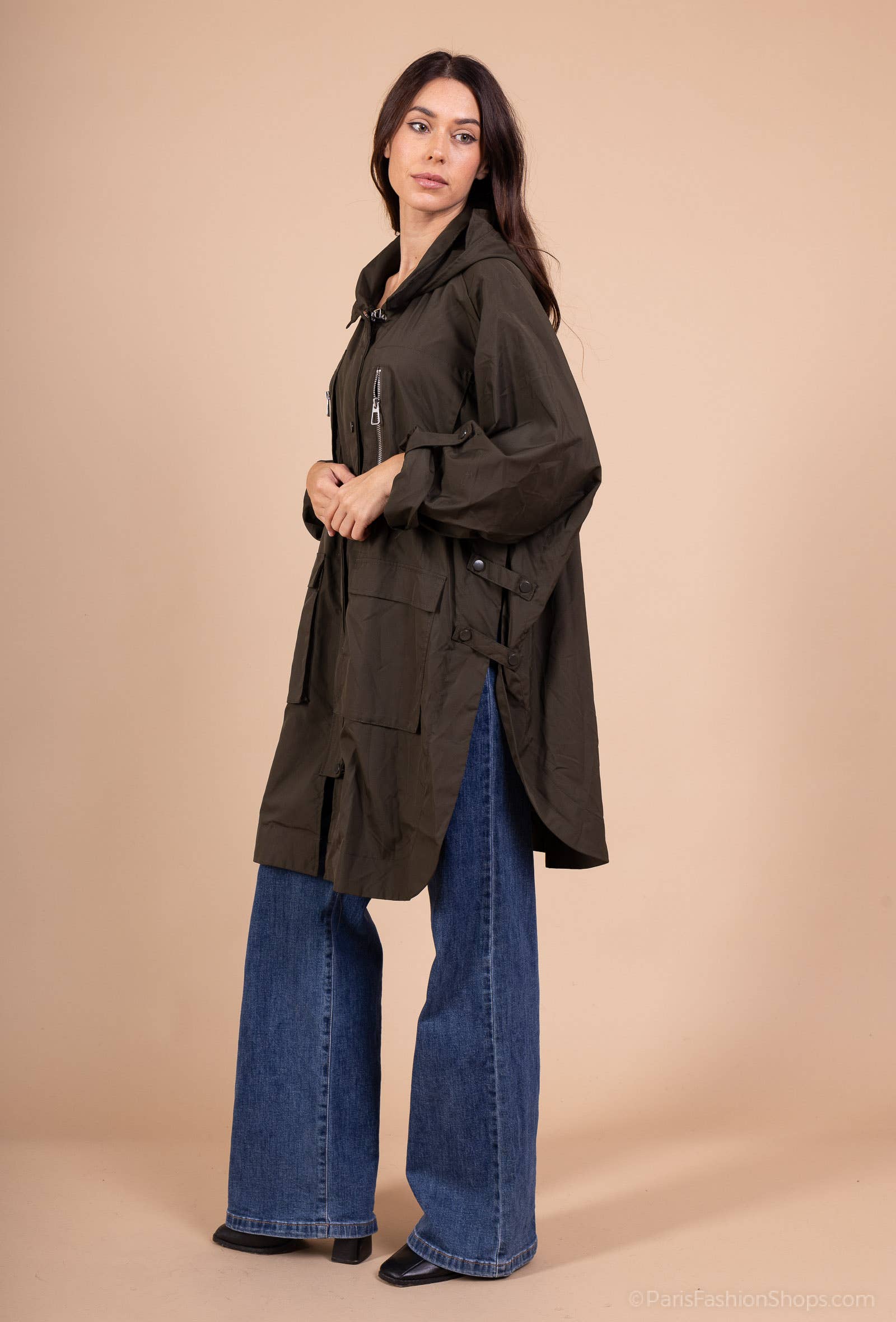 L'Emotion - Vente Veste – femme - Imperméable Long à Capuche Poches Et Fente Boutonné2