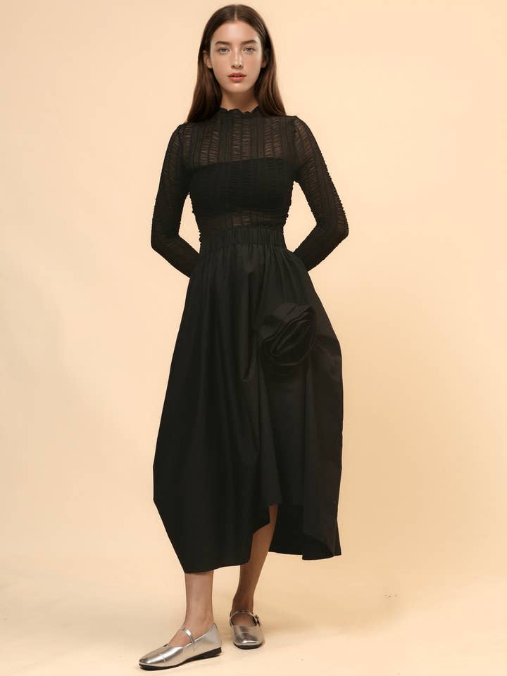 Dipped Shop - Wholesale Skirt - Women's - Irregular Hem Flower Decoration Midi Skirt DPD4708
