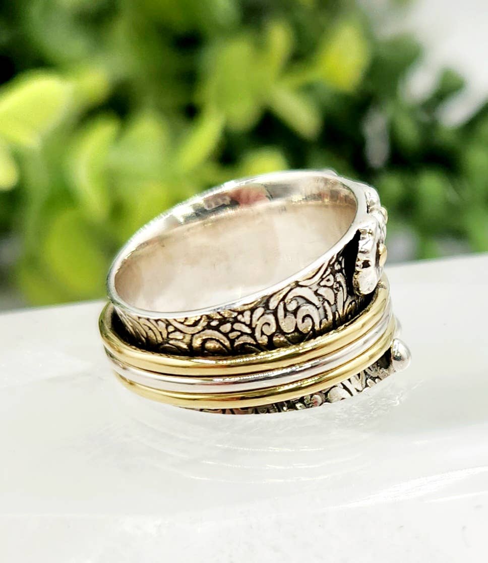 Meraki Gemstones - Wholesale Band/Stacked Ring - SPINNER RING-Sterling Silver/925 and Brass w/Tiny Flowers6