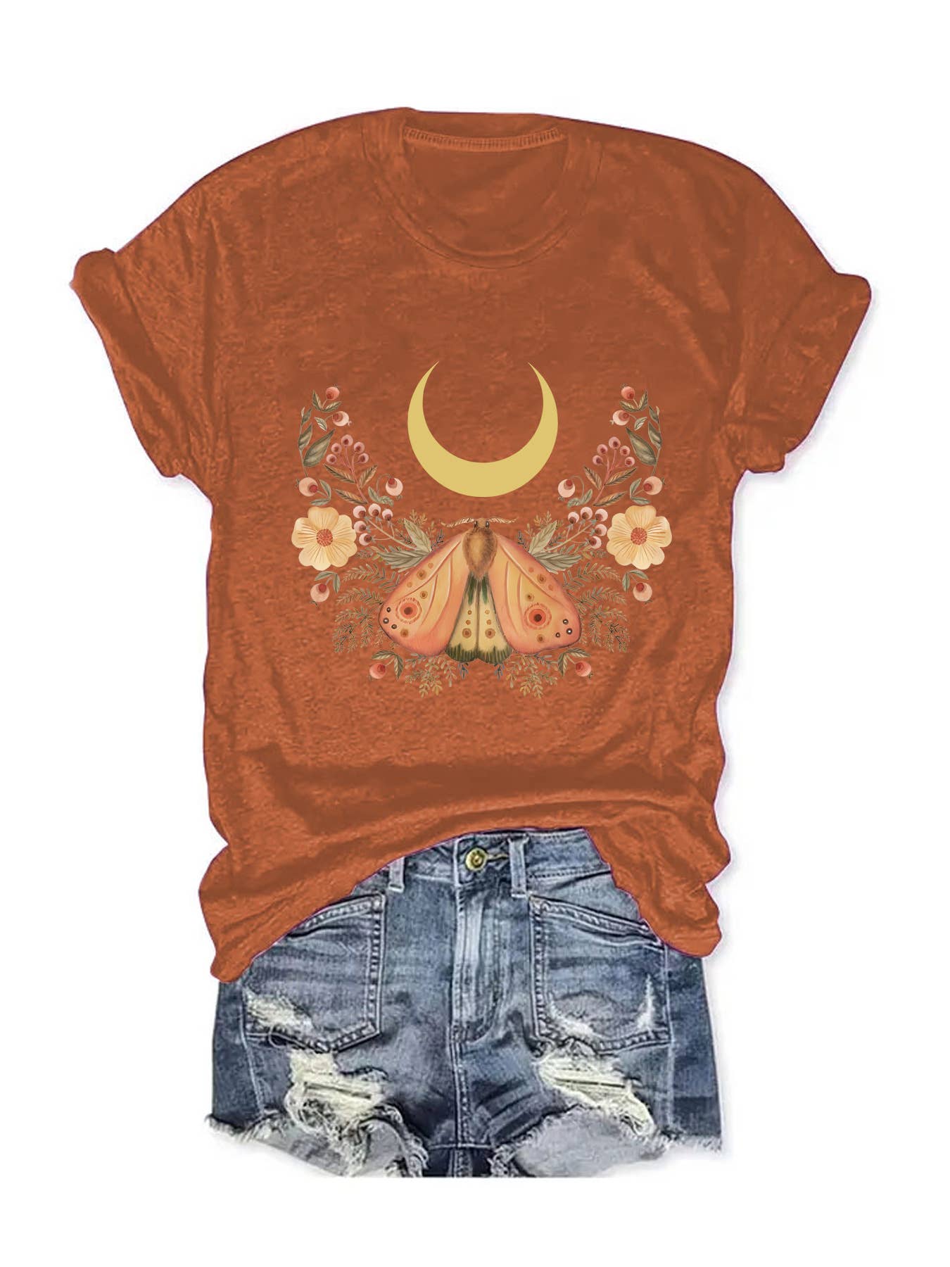 Rosa Clothing - Vente T-shirt sérigraphié – femme - T-shirt à motif en forme de croissant décroissant, de fleurs sauvages et de papillons3