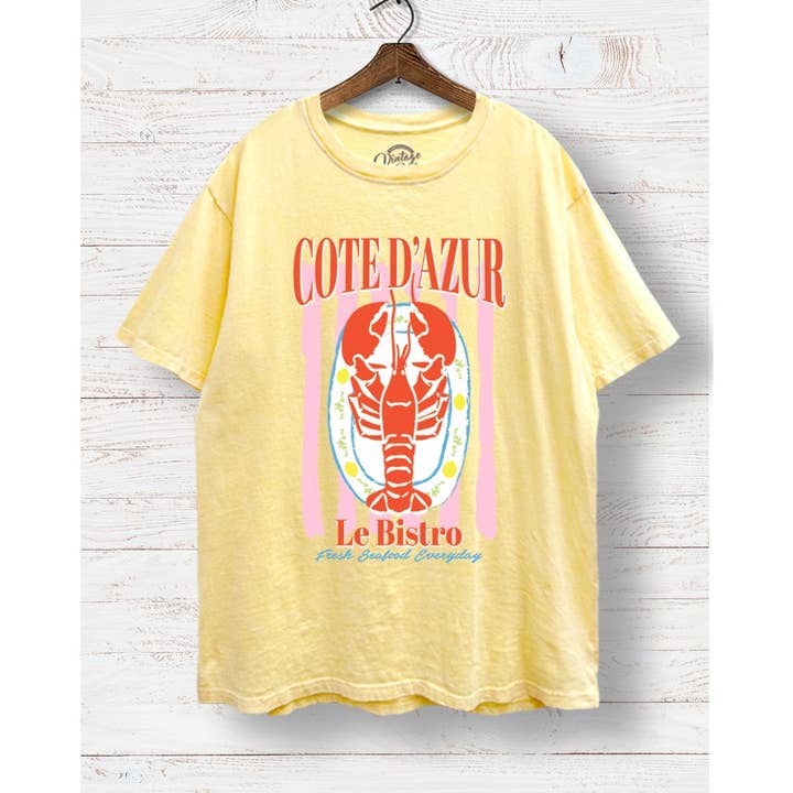 VINTAGE POINT USA - Wholesale T-Shirt (Graphic) - Women's - TO359-P7432 COTE D'AZUR LE BISTO GRAPHIC MINERAL BOXY T-SHIR0