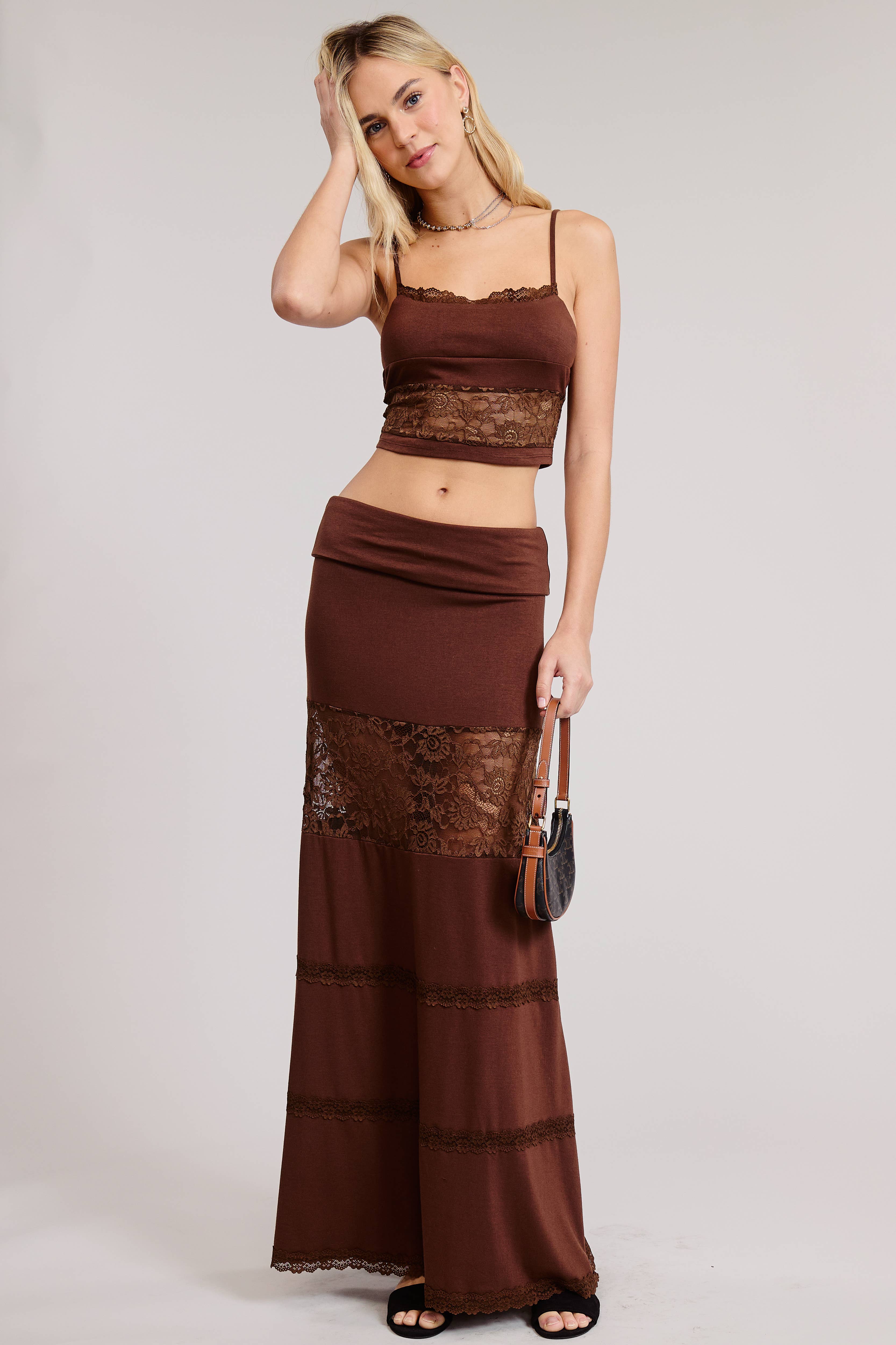 Mimosa - Wholesale Top & Skirt Set - Women's - Lace Contrast Cami and Fold over Maxi Skirt Set11