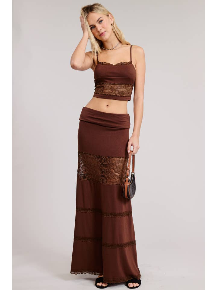 Mimosa - Wholesale Top & Skirt Set - Women's - Lace Contrast Cami and Fold over Maxi Skirt Set11
