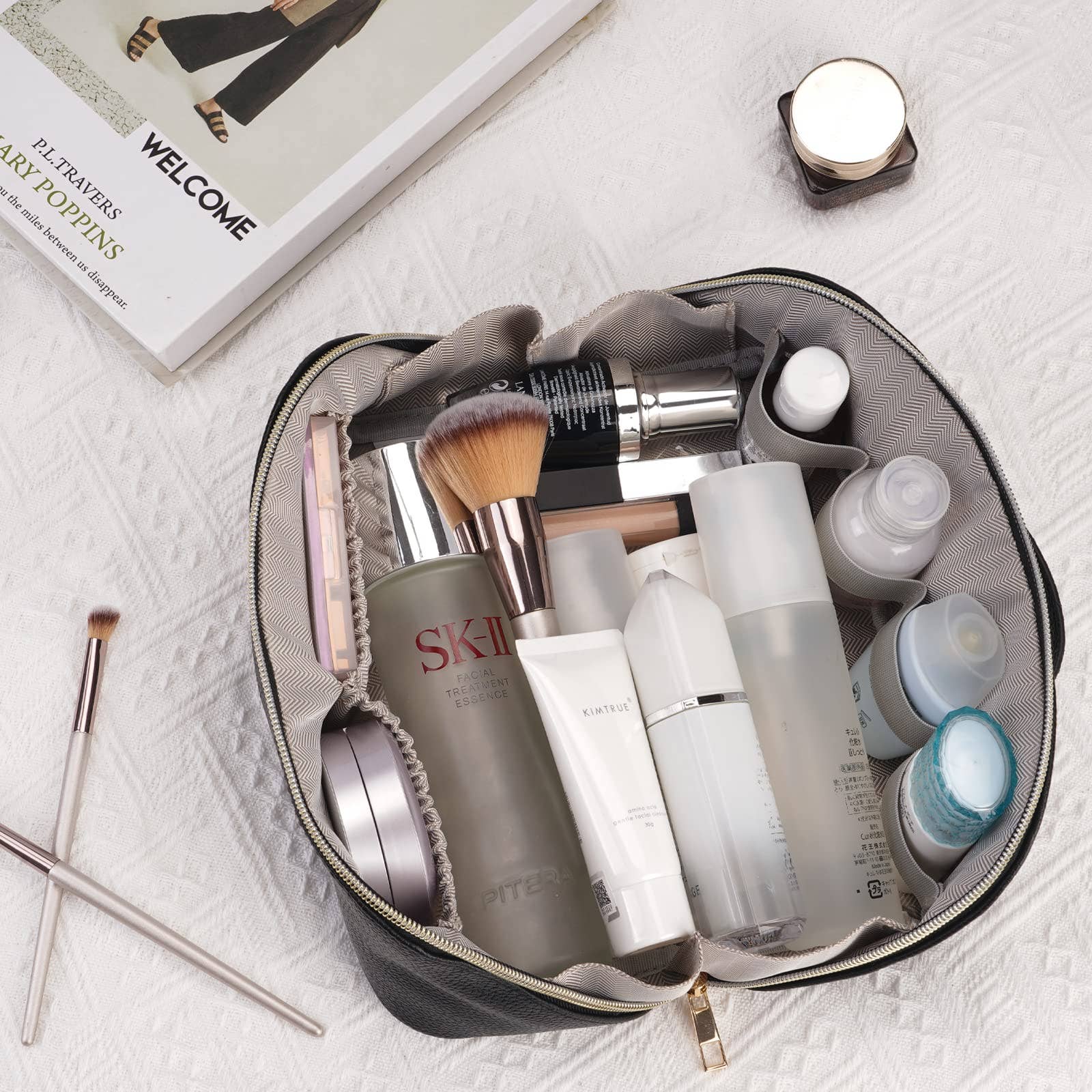 wandf - Venta al por mayor Bolsa para maquillaje - Bolsa de maquillaje de cuero vegano plana abierta, bolsa cosmética con cremallera20