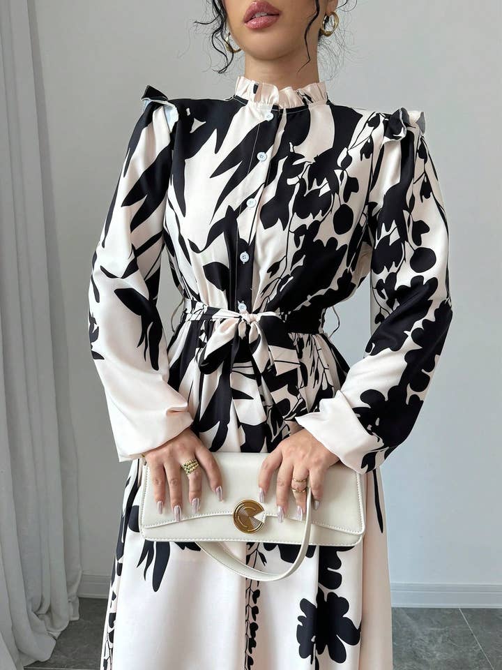 VividLux - Wholesale Dress - Women's - Long Sleeves Floral Printed Waist Cinched Maxi dress2