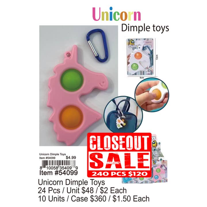 Puka Creations - Wholesale Classic Toy - Kids - Unicorn Dimple Toys - Closeout 240 Pcs.