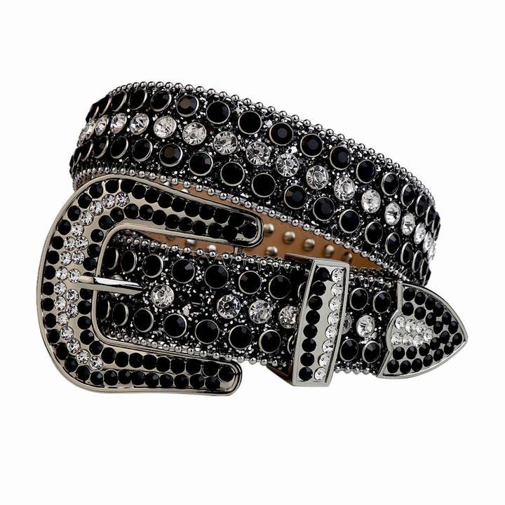 Rhinestone Belt Store - Wholesale Belt - Women's - Black Strap w Diamond White & Black Studded Rhinestone Belt