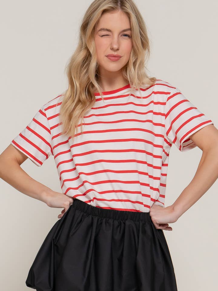 Active Basic | Active USA - Wholesale Knit Top - Women's - Short Sleeve Crew Neck Y/D Stripe Oversize T-Shirt