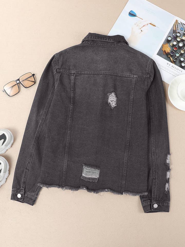 Black Lapel Distressed Raw Hem Buttons Denim Jacket for wholesale on Faire6