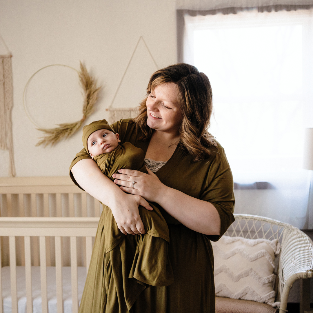 HAHA MAMA Clothing - Wholesale Dress - Maternity - Olive Green Maternity Delivery Gown & Matching Swaddle4