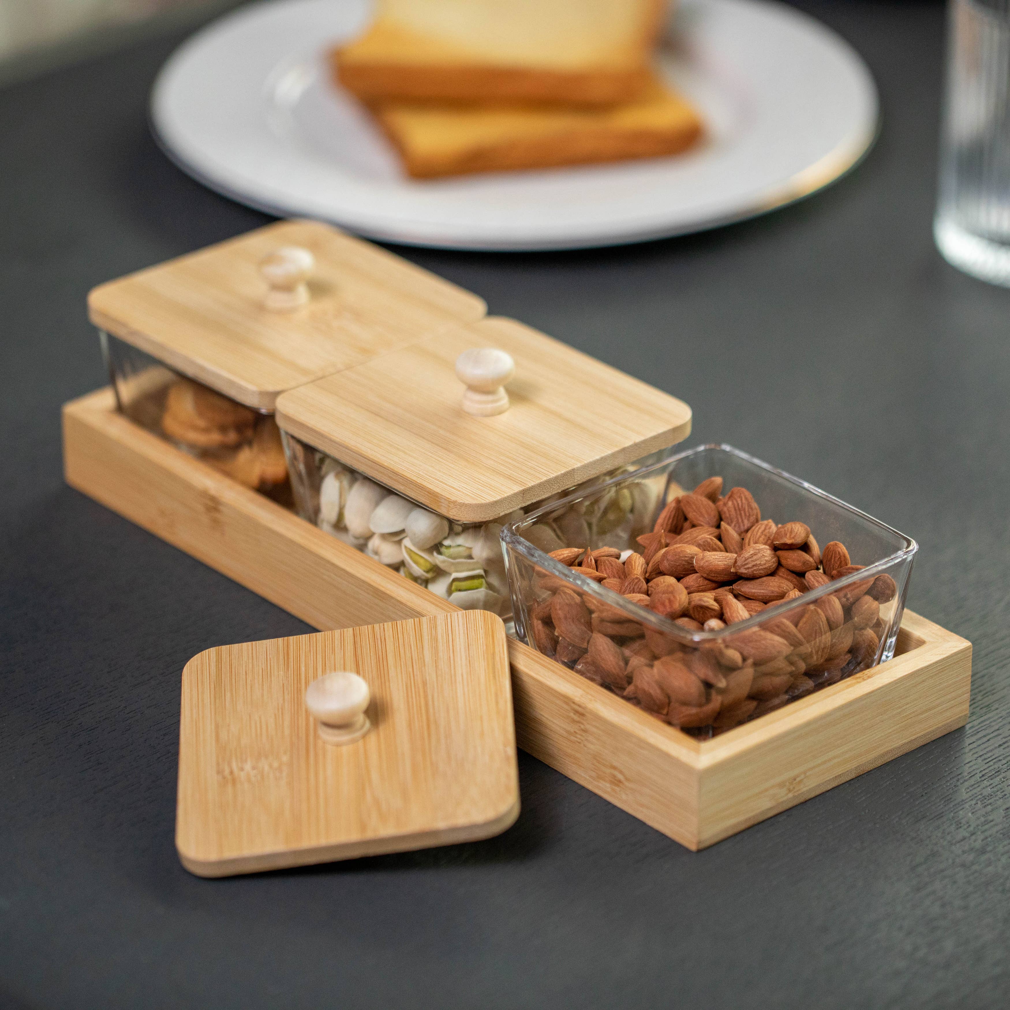 Quickway Imports - Wholesale Kitchen Storage/Organizer - Basicwise Glass Jars with Bamboo Lids and Wooden Tray4