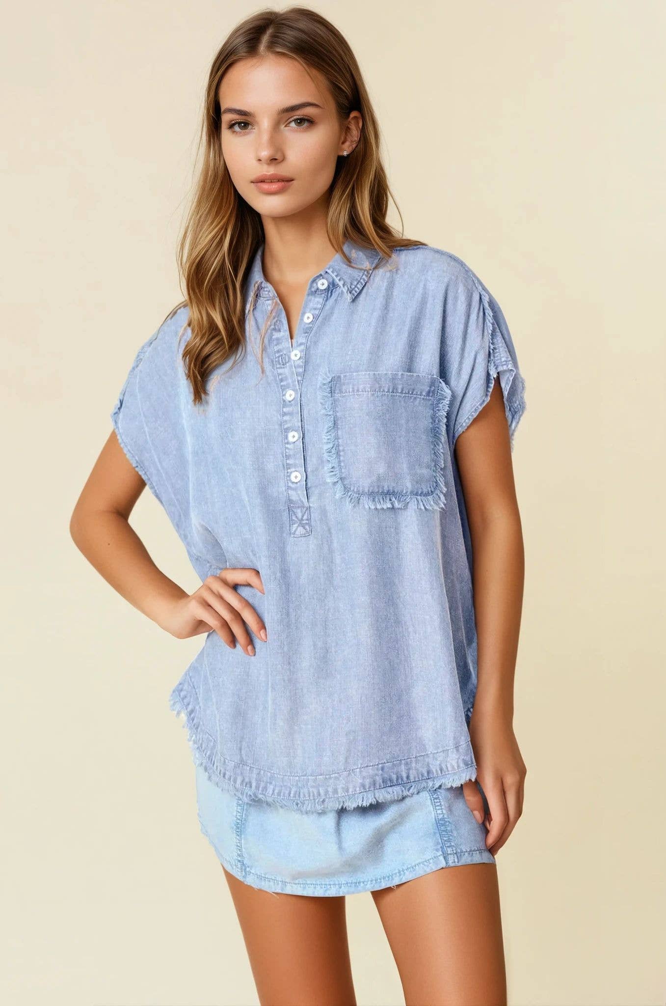 TENCEL DENIM FRAY DETAILED DOLMAN SHORT SLEEVE TOP - 44204T for wholesale on Faire1