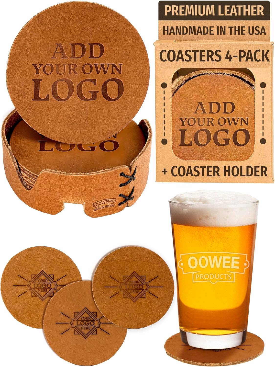 Oowee Products - Wholesale Coasters - Customizable Set of 4 Leather Round Coasters for Drinks5