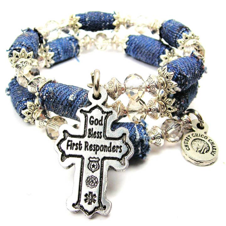 God Bless First Responders Blue Jean Beaded Wrap Bracelet for wholesale by Chubby Chico Charms