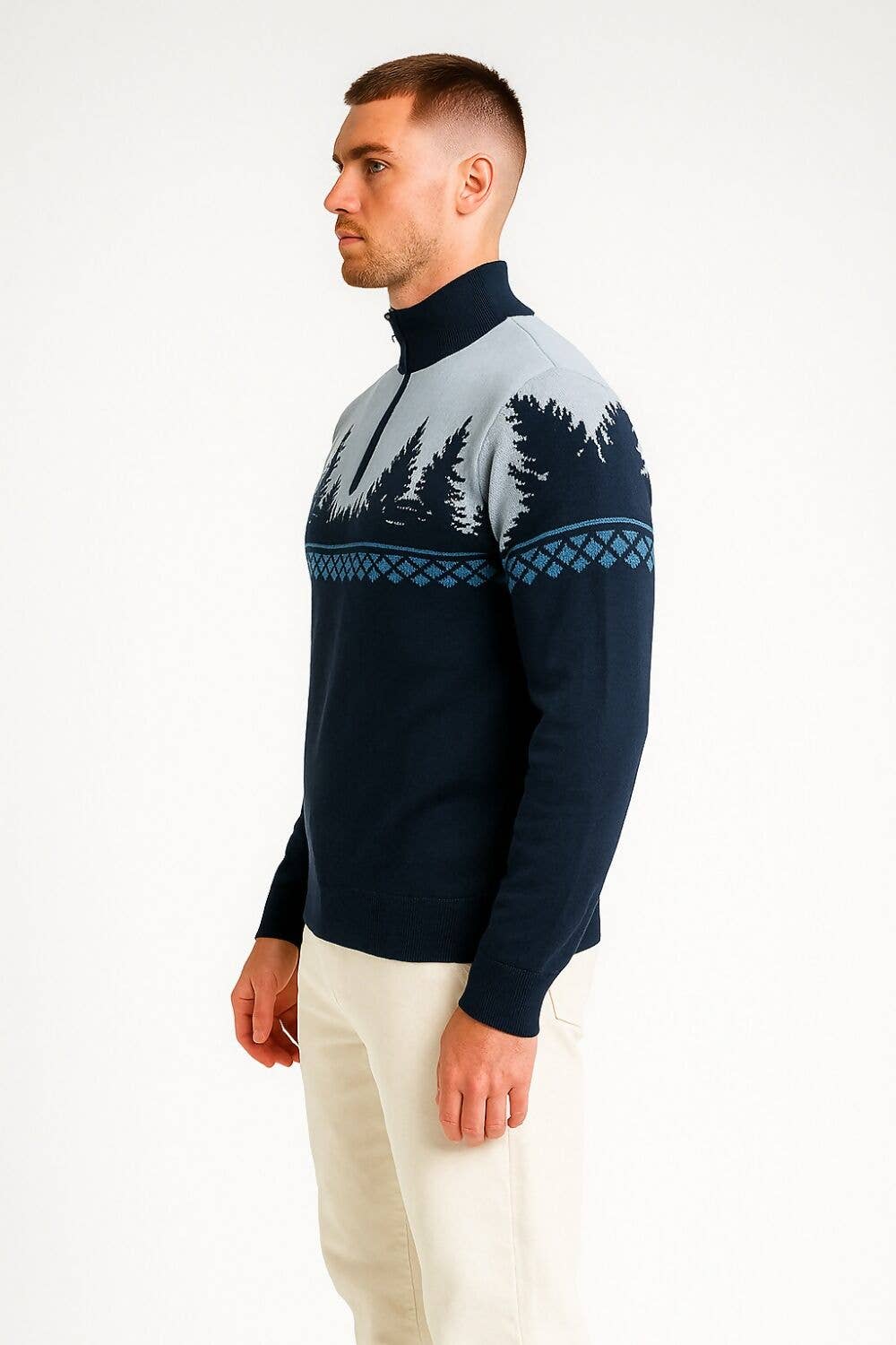 Navy Quarter Zip Reindeer Christmas Jumper for wholesale on Faire