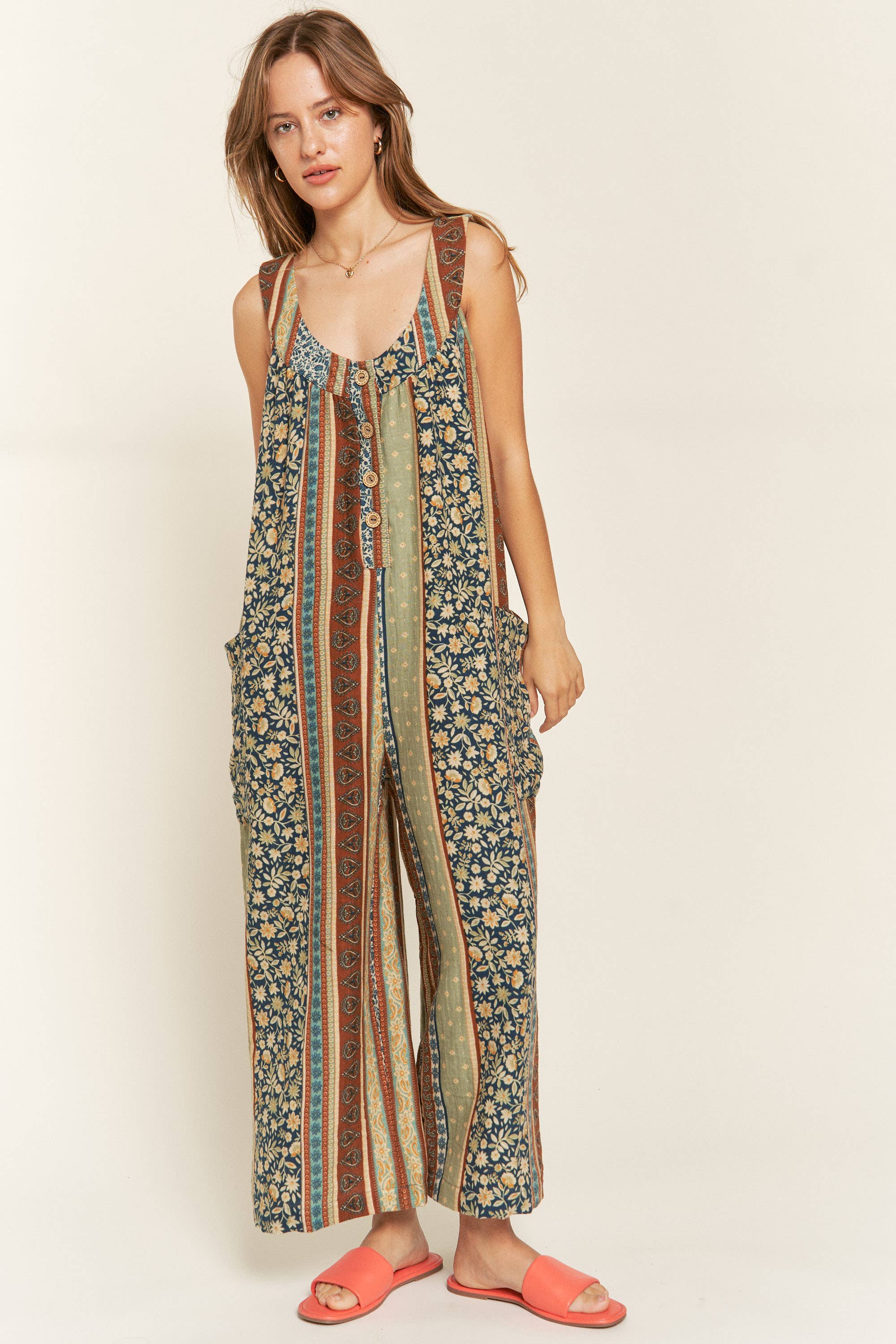 JADE BY JANE – Engroshandel Jumpsuit - Dame – ÆRMELØS FARVEBLOK BLOMSTERPRINT JUMPSUIT MED LIGE BEN9