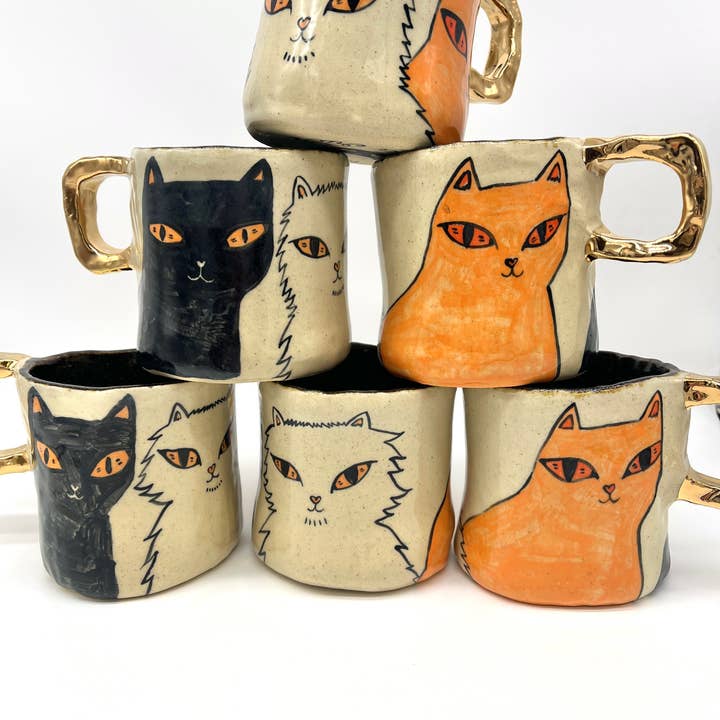 Black Cat, White Cat, Orange Cat Handmade Mugs with 22k gold for wholesale by Erika Rier