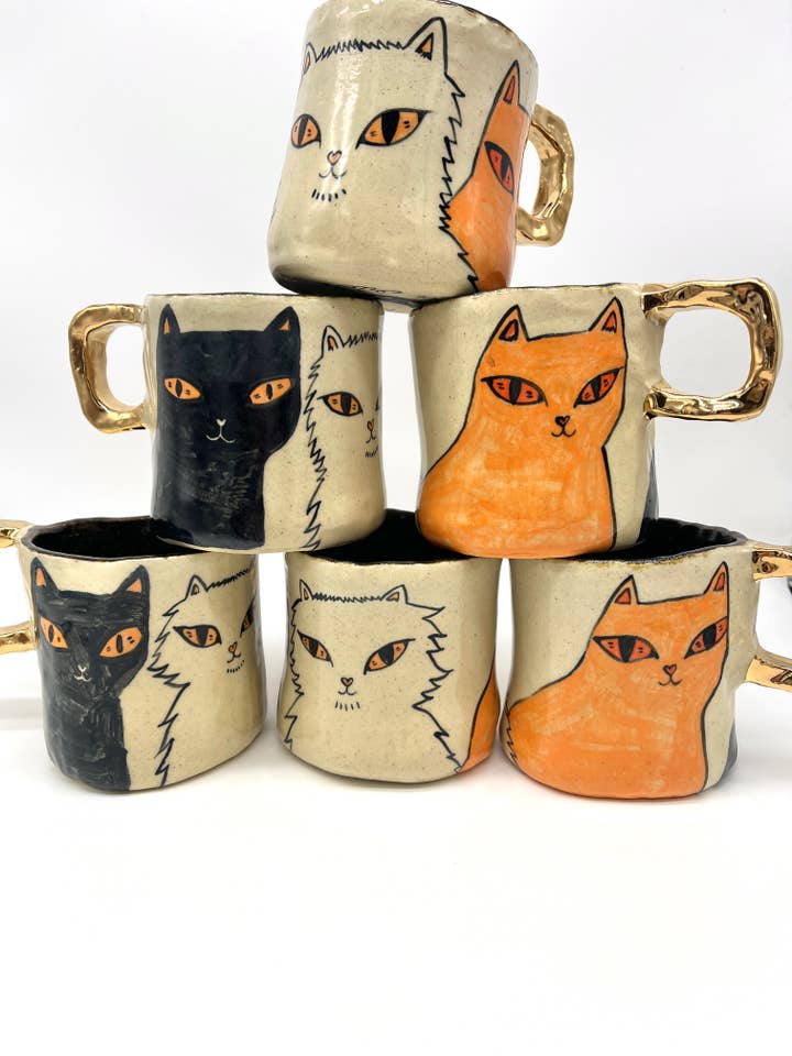 Black Cat, White Cat, Orange Cat Handmade Mugs with 22k gold for wholesale by Erika Rier