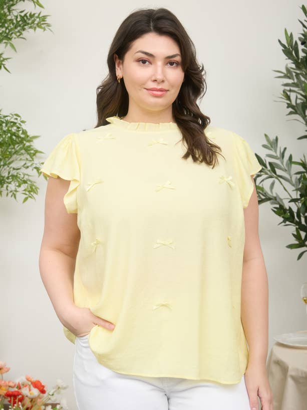 PLUS RIBBON BOW PATTERN RUFFLE TRIM SLEEVELESS TOP for wholesale by Blu Pepper