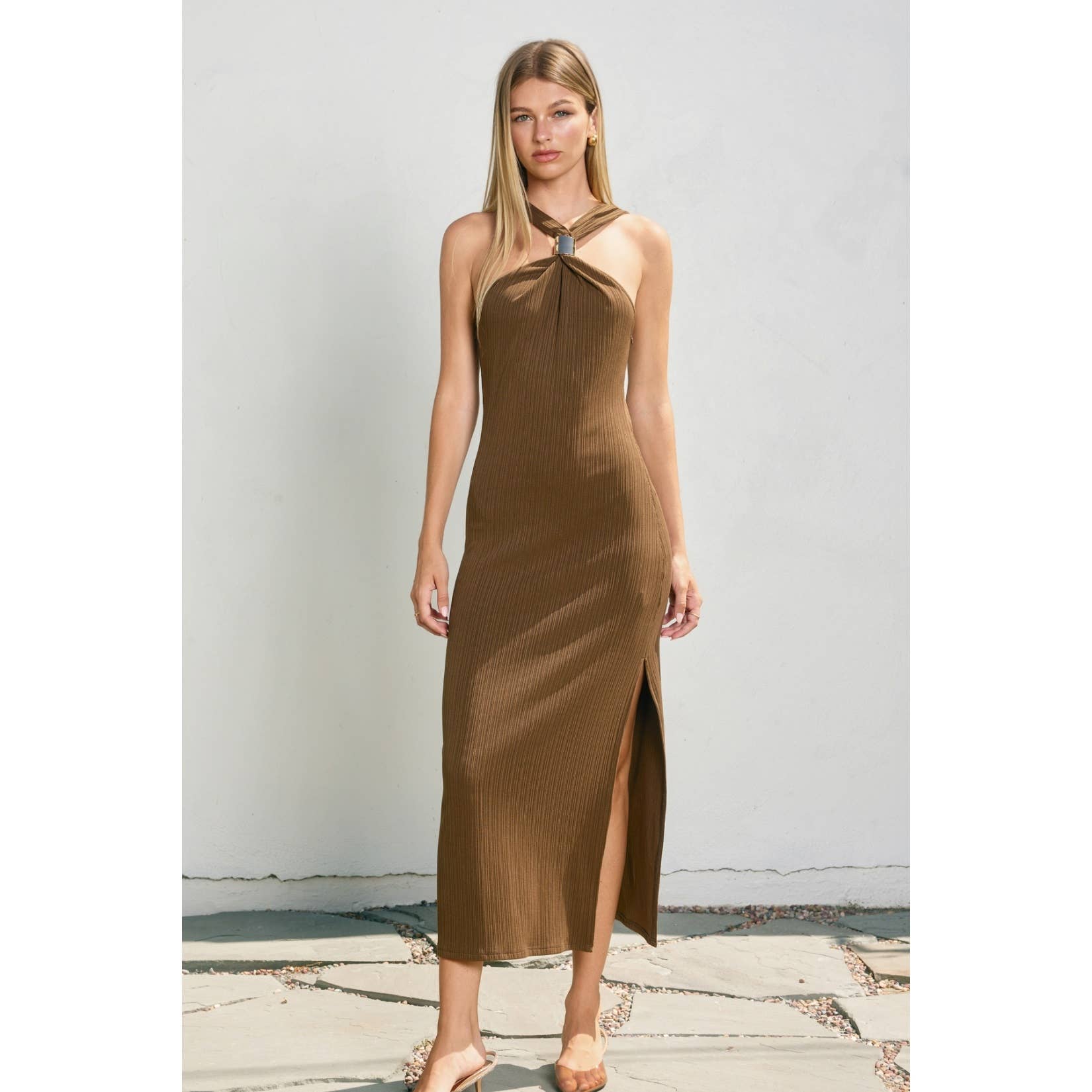 Dress Forum - Wholesale Dress - Women's - Gold Applique Halter Neck Rib Knit Dress (1)7