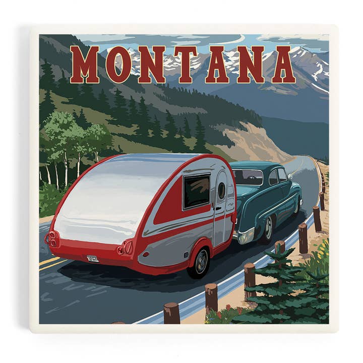 Ceramic Coaster Montana, Retro Camper for wholesale by Lantern Press