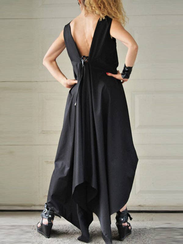 NEGRO Vestido Maxi Original con Pliegues, Asimétrico y Sin Espalda de venta al por mayor en Faire3