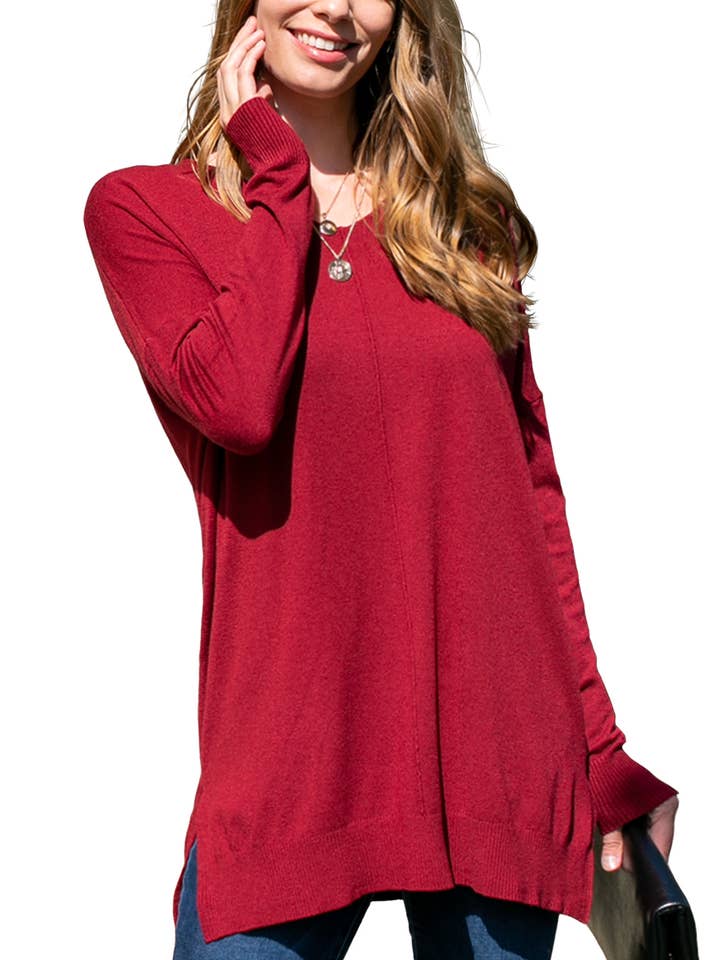 NINEXIS - Wholesale Tunic Sweater - Women's - CWOSWL1826_V NECK LOOSE FIT TUNIC LENGTH SOFT SWEATER TOP