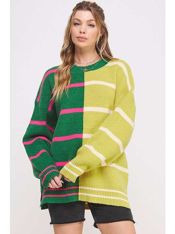 JADE BY JANE - Wholesale Tunic Sweater - Women's - LONG SLEEVE ROUND NECK STRIPED COLOR BLOCK SWEATER