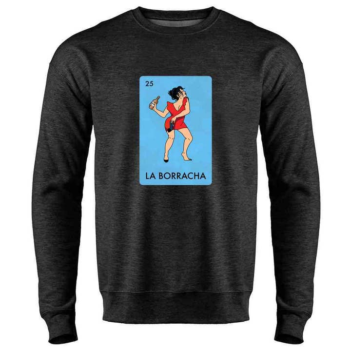 Pop Threads - Venta al por mayor Camiseta serigrafiada - Mujer - La Borracha Drunk Woman, divertida parodia de la lotería mexicana, manga larga
