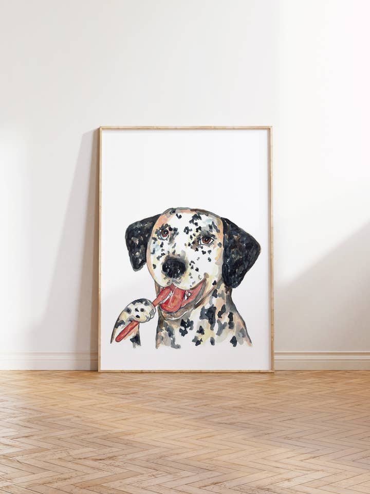 Dog dalmatian brushing teeth bath watercolor painting print for wholesale by Goodfairyart