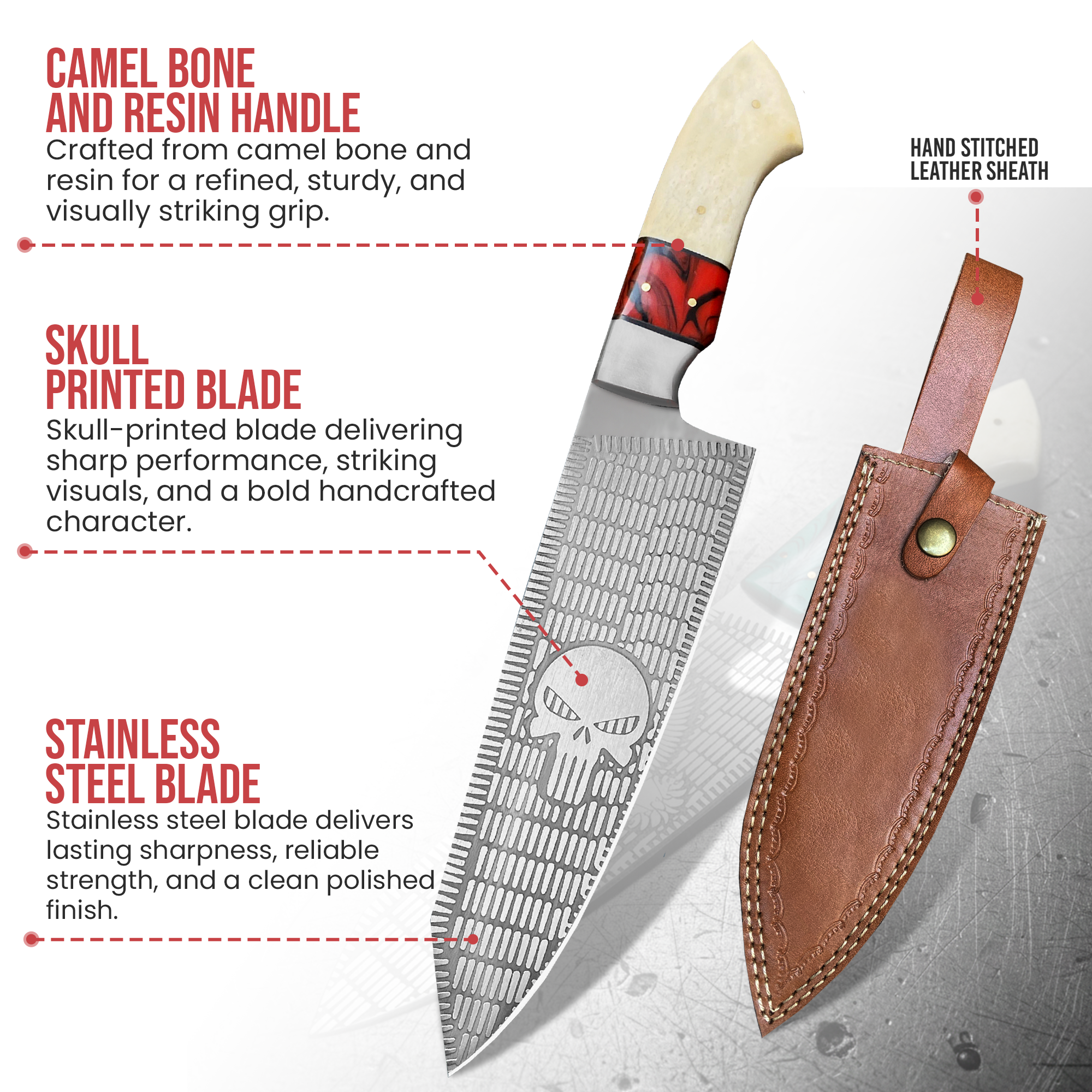 FH KNIVES - Vente Couteau de cuisine/multi-usage - Couteau de chef en acier inoxydable et étui en cuir, couteau de cuisine3