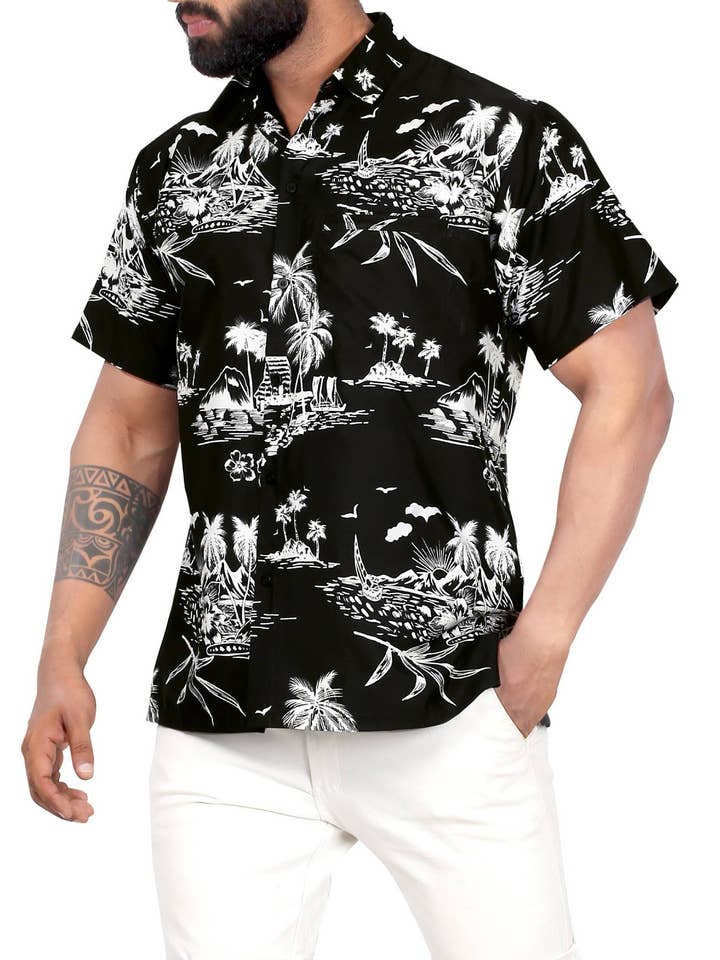 Aloha Black Shirt For Men Palm Tree and Island P00004 for wholesale by LA LEELA \ HAPPY BAY