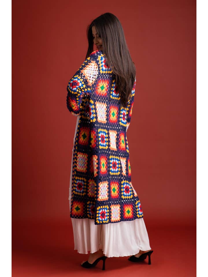 SAACHI - Vente Kimono – femme - Cardigan kimono long en crochet granny à motifs floraux multicolores3