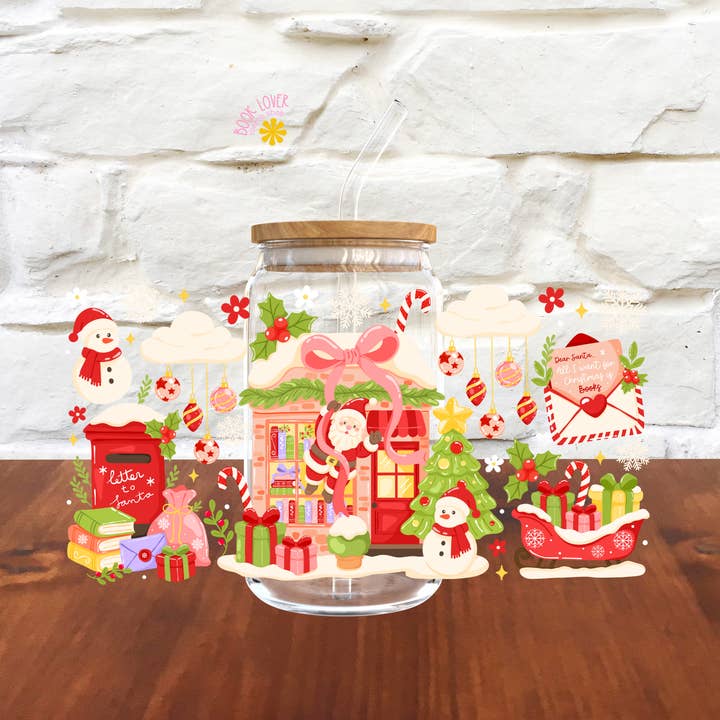 Book Lover Merch Shop – wholesale Beer glass/mug – Christmas Bookstore 16 OZ Glass Can UV DTF WRAP / Bookish